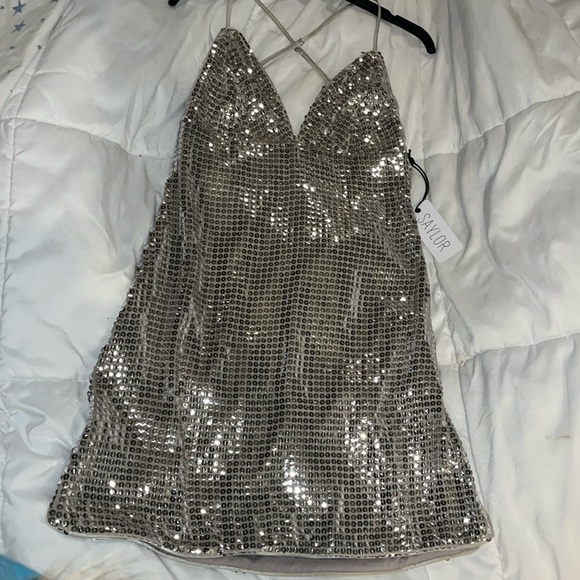 NWT! Silver Sequined Aliannia Mini Cocktail Dress by Saylor, Size S, price $220 - Picture 1 of 15